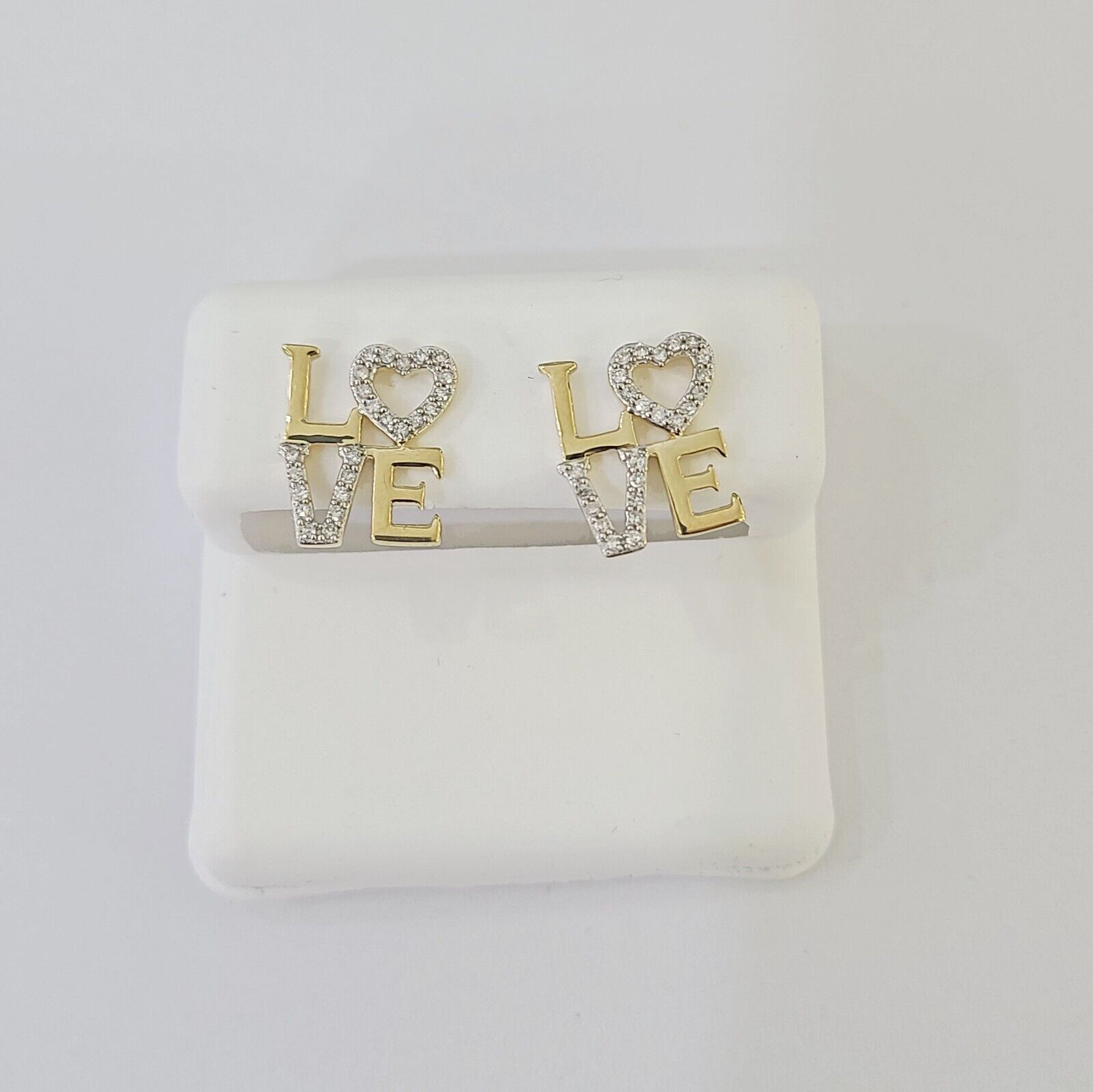 10k Yellow gold LOVE Heart Earrings Real Diamond screw - back Women Men studs - GoldenlinQ